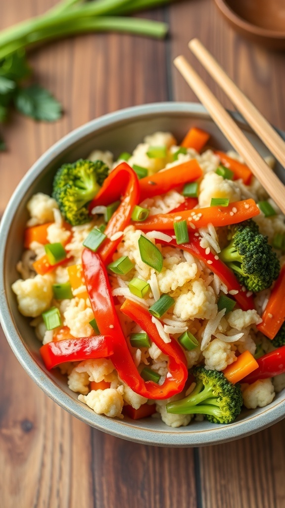 A colorful bowl of cauliflower noodle stir-fry with vegetables and garnished with green onions and sesame seeds.